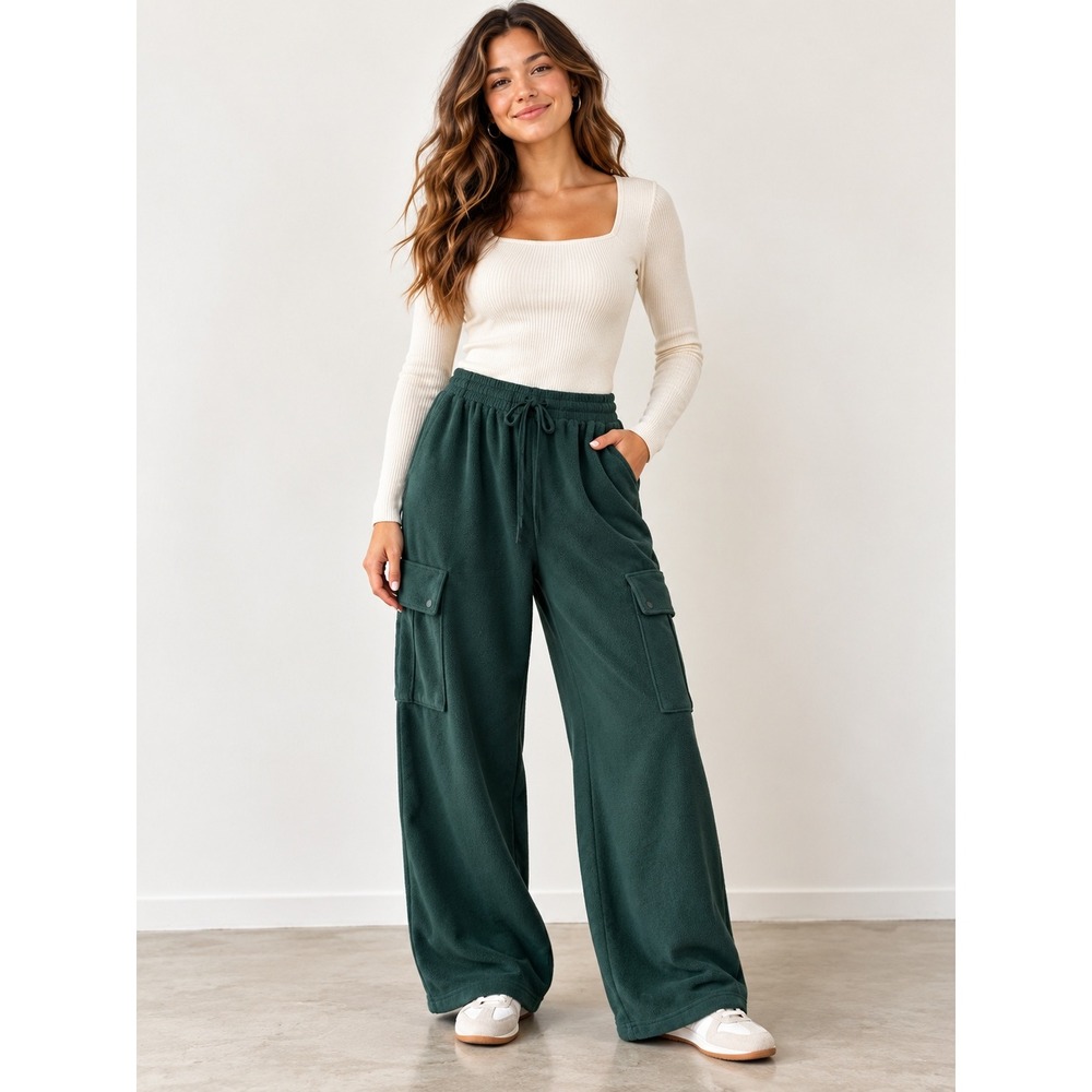 PINK Victoria's Secret Ivy Fleece Cargo Pants XS Green Wide Leg 28" Inseam